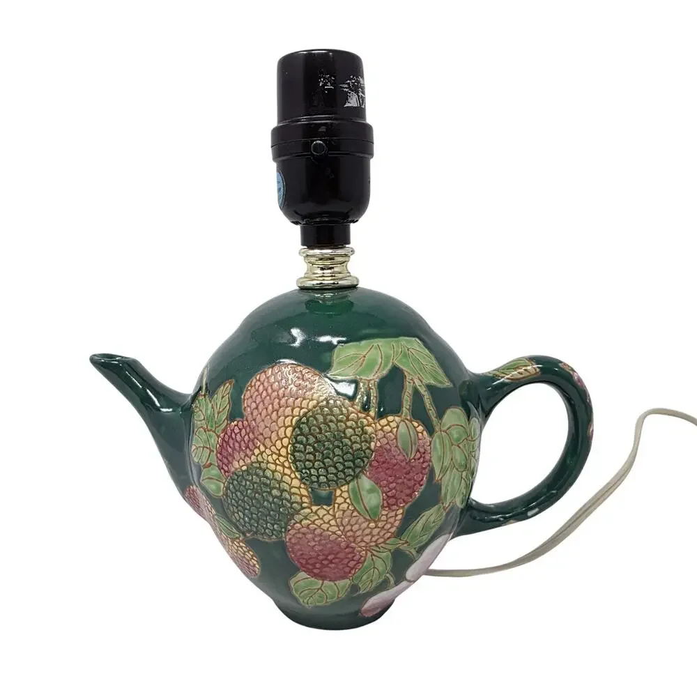 Vintage Ceramic Teapot Lamp Raised Fruit Green Chinoiserie Table Light